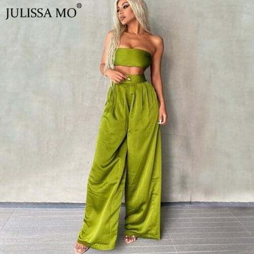 JULISSA MO New Backless Tops Loose Long Pants Suit 2021 Women Casual Lace Up Tops Two Piece Set Streetwear Ladies Fashion Suits