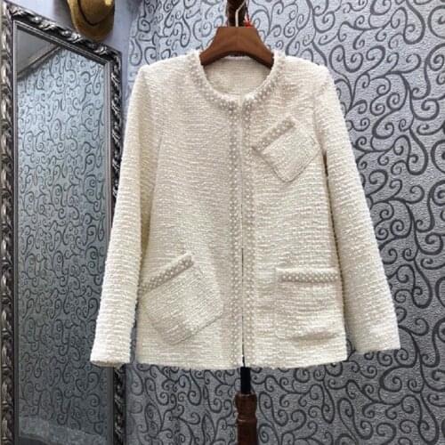 High Quality Wool Jackets 2021 Autumn Winter Outerwear Coats Women Hand Made Beading Pocket Deco Long Sleeve Wool Blend Coats