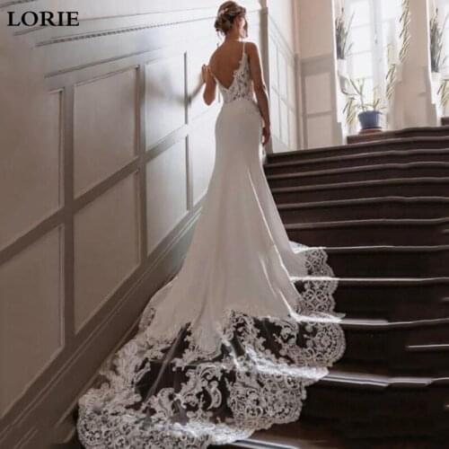 LORIE Mermaid Wedding Dress 2021 Spaghetti Straps Vestidos De Novia Vintage Lace V Neck Bridal Gown Backless Wedding Gowns
