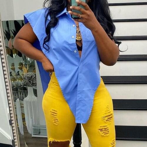 2021 Summer Casual Fashion Street Ladies Slim Street Sexy Commuter V-neck Solid irregular Shirt Loose Shirt