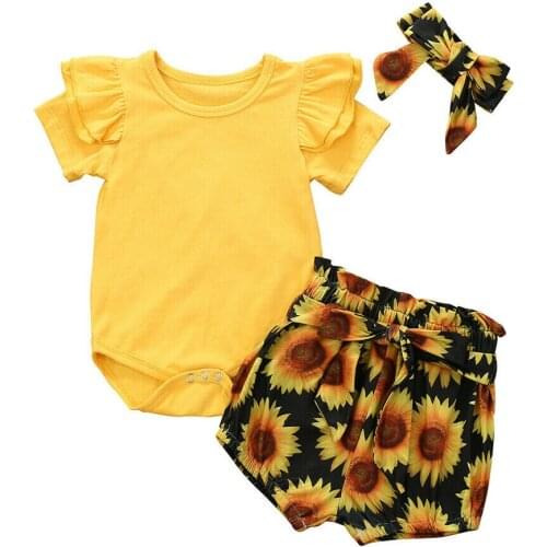 3Pcs Newborn Baby Girl Clothes Sets Yellow Romper Tops Sunflower Shorts Headband Summer Outfit