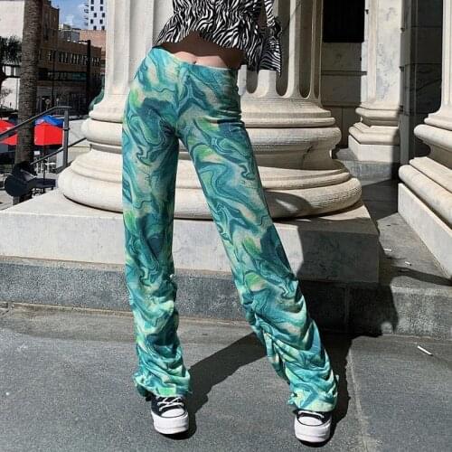 Stacked Wide Leg Pants High Waist Pants Women Trousers Green Tie Dye Y2K Outfits Sweat Pants Printed Vintage High Streetwear
