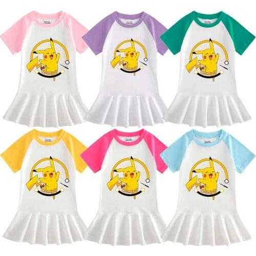 Childrens Clothing Pokemon Pikachu Girls Dresses Baby Girls Cotton Western Style Pleated Princess Dress