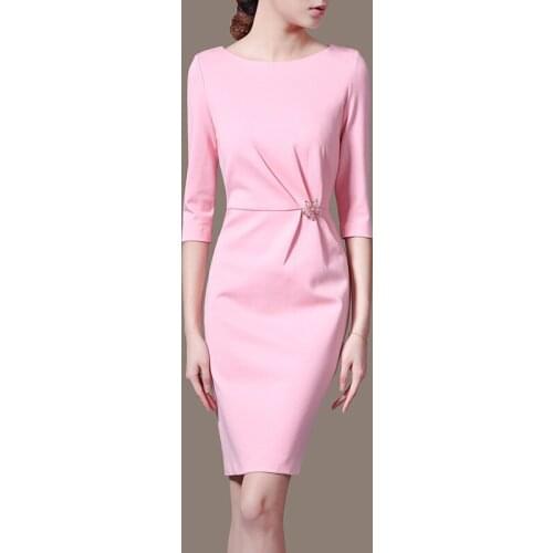Elegant O-Neck Womens Slim Pencil Dress Autumn Lady Brand O-neck Solid Three Quarter Dress OL Matching Middle-rise Dress S-3XL