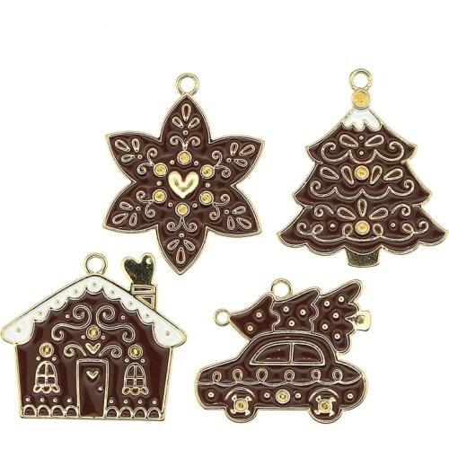 5pcs 25*29mm Enamel Christmas House Snowflakes Car Christmas Tree Charms For Earrings DIY Jewelry Makings Xmas Decoration Gifts