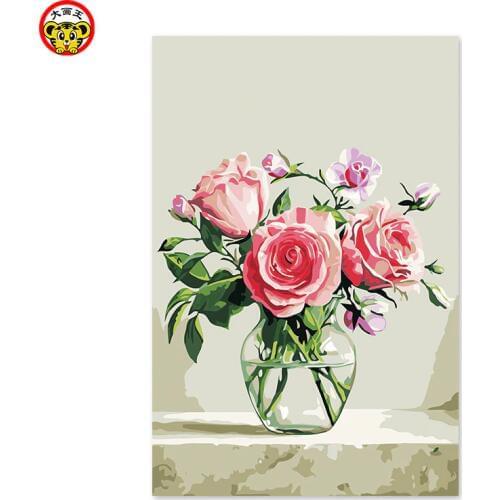 Home decor oil painting rose vase pink rose petals pictures by numbers flowers coloring of paintings by numbers
