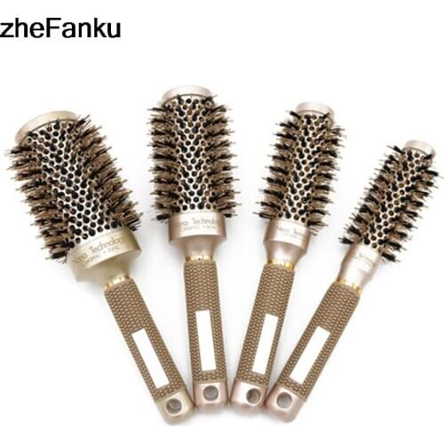 4 Sizes Ceramic Aluminium Hair Comb Round Brush Nylon Bristle Hair Professional Hairdressing Brush Barber Styling Comb