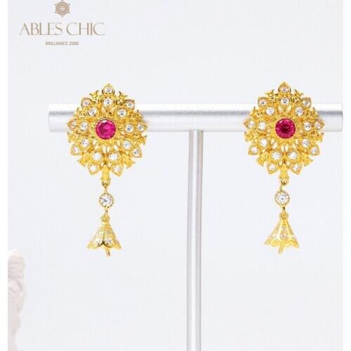 Genuine Gold Plated Ruby CZ Flower Stud Earrings 925 Silver Dangling Charm Earring Renaissance Jewelry C11E4S25169