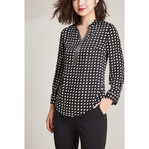 2019 new fashion 100%polyester soft smooth thin fabrics women dots print tshirts Vneck full sleeve tees large size L-6XL