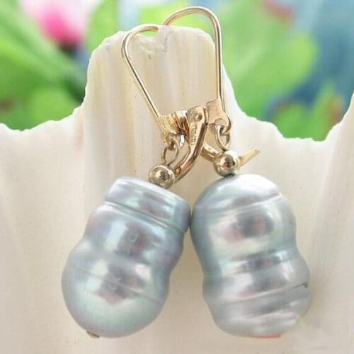 New Arrival Favorite Pearl Jewelry 16mm Gray Rice Freshwater Pearl 14K/20 Gold Hook Dangle Earrings Charming Lady Gift