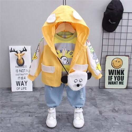 Autumn Children Clothing Jacket With Backpack 3pcs Kids Long-Sleeved Suit Baby Boys Girls Hooded Jacket Striped Tops Kids Pants