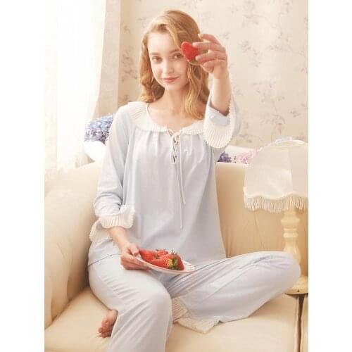 Free Shipping Rose Tree 2020 New Princess Womens Pajamas Long Pants Two Pieces Set Lace Sleepwear Blue and Purple Modal pijamas