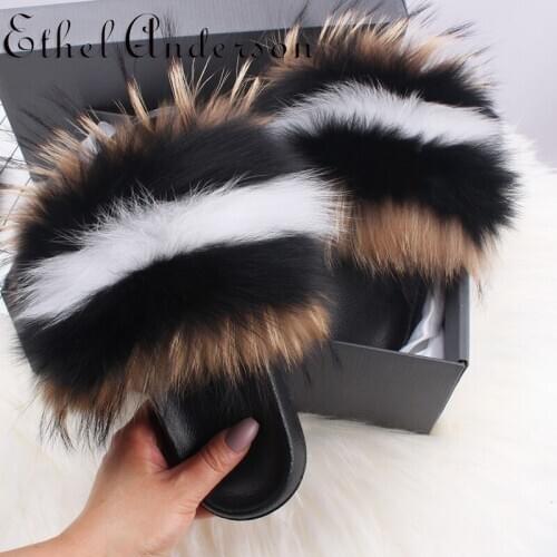 Hot Fashion Slides Real Fox Raccoon Fur Sandals New Colorful Women Fluffy Slippers Casual Shoes Woman Summer Plush Shoes Beach