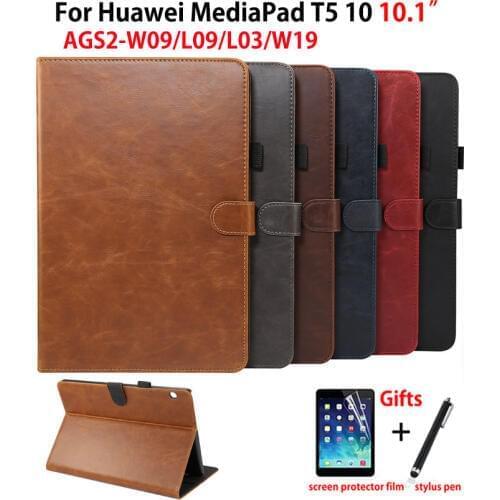 Luxury Case For Huawei MediaPad T5 10 AGS2-W09/L09/L03/W19 10.1" Cover Funda Tablet PU Leather Stand Shell Capa +Film+Pen
