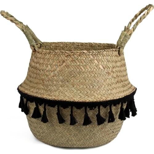 Handmade Bamboo Storage Baskets Foldable Laundry Straw Patchwork Wicker Rattan Seagrass Belly Garden Flower Pot Planter Basket