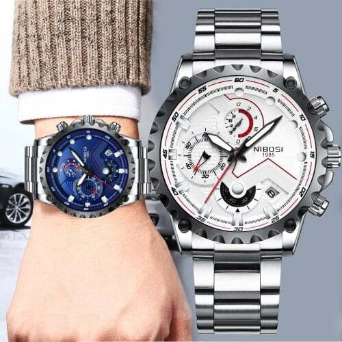 NIBOSI Sport Stainless Steel Leather Mens Watch Casual Waterproof Chronograph Luminous Calendar Wristwatch Relogio Masculino
