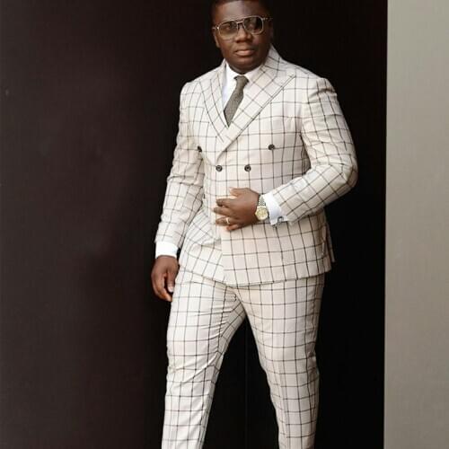 British Style Plaid Wedding Tuxedos Plus Size Peaked Lapel Mens Designer Jacket Formal Party Prom Check Suits Wear (Jacket+Pants