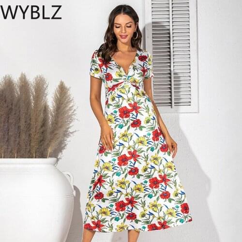 WYBLZ 2021 Summer Floral Print Maxi Dress Elegant Women Short Sleeve Cross Wrap Slim Long Dresses Sexy Deep V Neck Party Dress