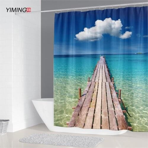 3D seaside beach with small bridge printing bathroom shower curtain mold proof and waterproof home decoration curtain with hook