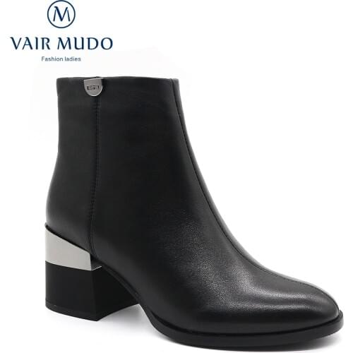 VAIR MUDO Ankle Boots Shoes Women Elegant Thick Heels Fashion Cow Leather Round Toe Top Quality Winter Footwear Wool ShoeDX159-C