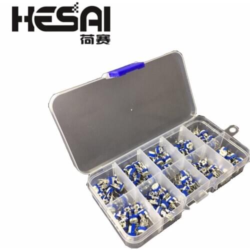 100Pcs/Box RM065 Carbon Film Horizontal Trimpot Potentiometer Assortment Kit 10 Values Variable Resistor 500R - 1M