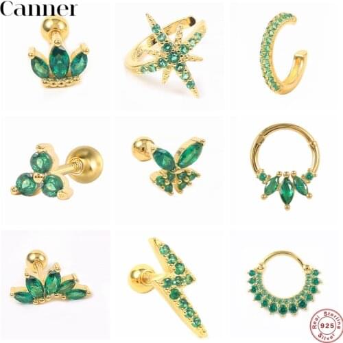 CANNER Small Ear Stud Real 925 Sterling Silver Stud Earrings for Women Green Zircon Piercing Cartilage Earring Gift Fine Jewelry