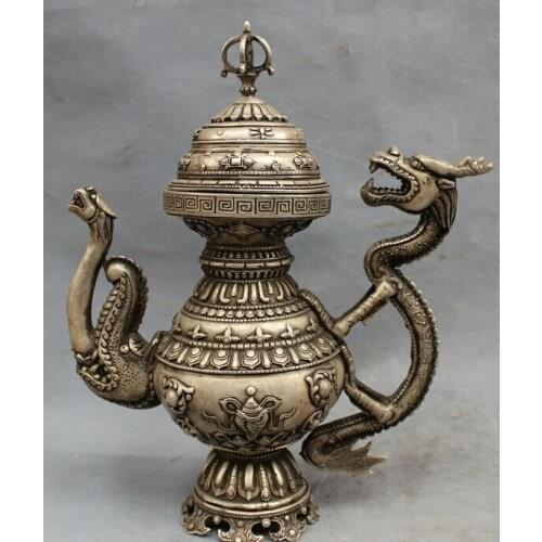 Fast shipping USPS to USA S1535 12" Tibet Silver Auspicious Dragon Head Statue Buddhist Vajra Wine Pot Teapot