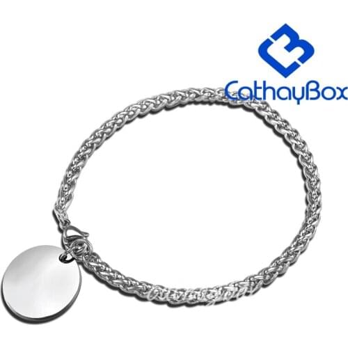 Personalized Photo Text Engrave Bracelet High Polished Stainless Steel Wheat Chain With Round Charm For Women