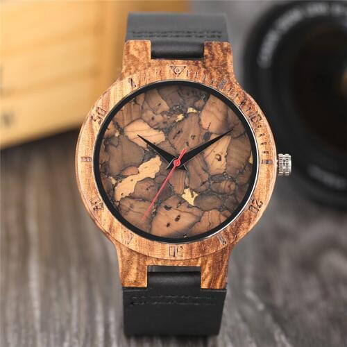 Mens Creative Wood Watch Retro Handcrafted Scrap Paper Pattern Dial Bamboo Wooden Watch Male Female Genuine Leather Hour Gifts