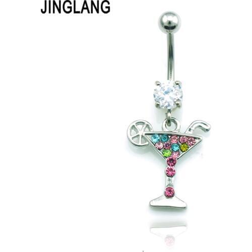JINGLANG Fashion Belly Button Rings 316L Stainless Steel Gem Barbell Dangle Color Rhinestone Navel Body Piercing Jewelry