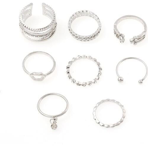 Simple Style Hollow Rings Set Boho Gold Silver Color Geometry Rhinestone Open Ring Women Party Finger Jewelry Gifts Wholesale