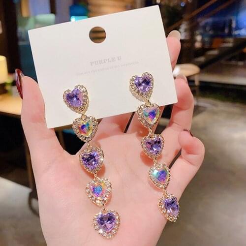 Korean Purple Rhinestone Love Heart Flower Dangle Earrings Long Water Drop Crystal Jewelry Pendientes For Women Fashion