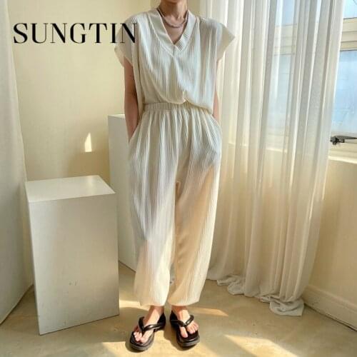 Sungtin Summer Draped 2 Piece Sets Sleeveless for Womens Casual Loose Elastic Waist Trousers Two Set Female Solid Jogging Suits