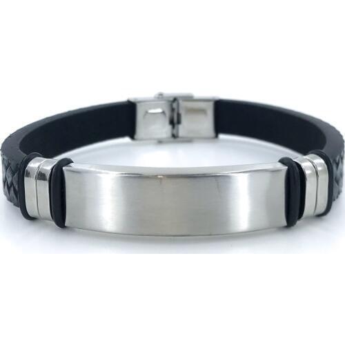 Is Weave Pattern Leather Steel Male Imprint Wristband