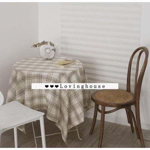 Tablecloth family kitchen round table square table set check pattern cotton hemp Korean Khaki background cloth for picnic