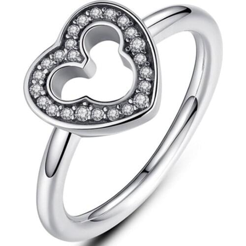 Milangirl Trendy Ladies Ring Simple Heart-shaped Crystal Hollow Mickey Shape Ring Temperament Girl Jewelry Gift Hot Sale