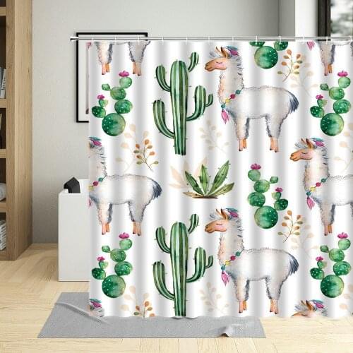 Cute Alpaca Hand Drawn White Background Shower Curtain Funny Cartoon Animal Waterproof Children Bathroom Home Decor Curtains
