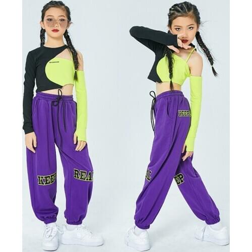 Fashion Girls Hip Hop Clothes Long Sleeve Tops Loose Pants Street Dance Wear Kids Jazz Dance Performance Rave Clothes DN7383