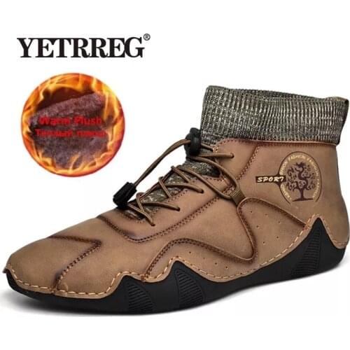 Fashion Men Leather Boots Mens Warm Fur Snow Boots Winter Shoes High Quality Split Leather Comfortable Ankle Men Warm Boots 48