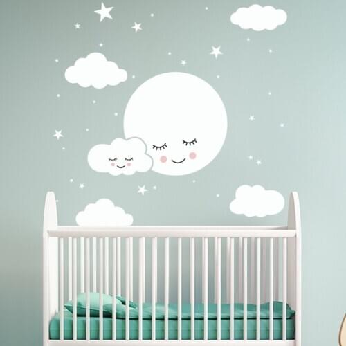 White Cartoon Smiley Cloud Stars Wall Sticker Kids Baby Rooms Decorations Children Wall Decals Art Kids Mural Wallpaper