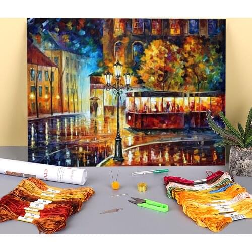 Night Trolley Printed Water-Soluble Canvas 11CT Cross-Stitch DIY Embroidery Full Kit DMC Threads Craft Hobby Handiwork Floss