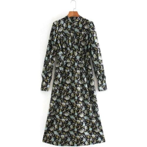 Evfer Women Autumn Elegant Floral Print High Waist Za Long Dresses Female Casual Long Sleeve Back Zipper Turtleneck Dress Chic