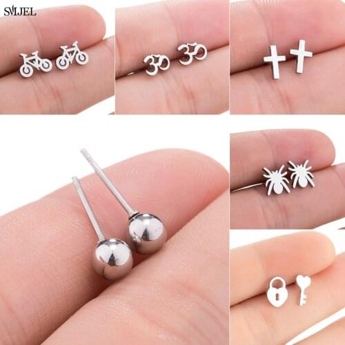 Small Stainless Steel Om Symbol Stud Earrings for Women Men Hip hop Ball Bicycle Cross Key Earrings Ear Pendientes Wholesale