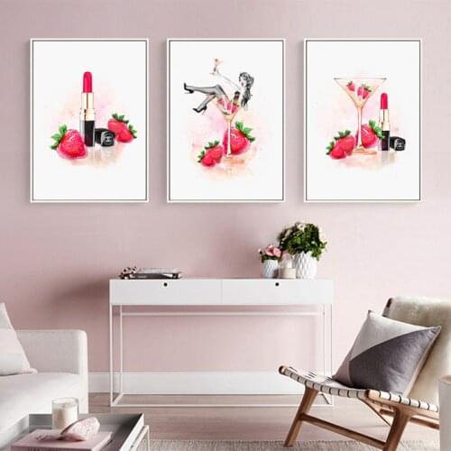 Modern Fashion Girl Canvas Painting Strawberry Wall Art Poster and print Lipstick Decorative Picture for Living Room Home Decor