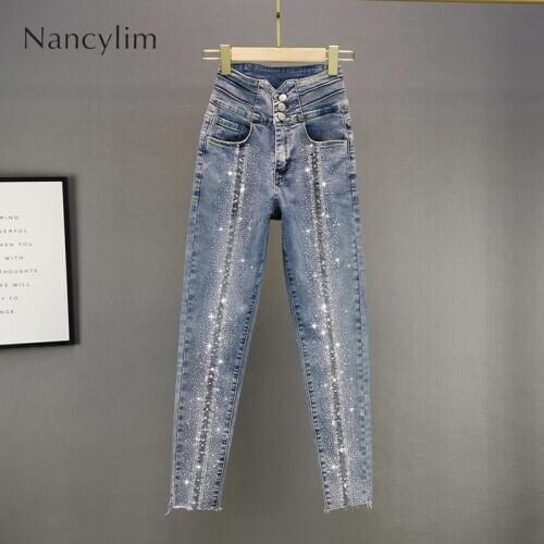 Heavy Embroidery Hot Drilling Jeans for Women 2021 Spring New Cotton Elastic High Waist Slim Fit Skinny Blue Denim Pants