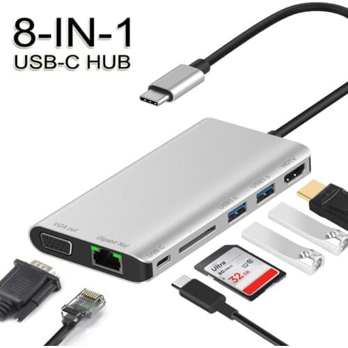 Type C USB 3.0 Hub for Macbook Laptop Huawei Samsung Phone To HDMI-compatible VGA Monitor SD Card Reader RJ45 Cable 3.5mm Audio