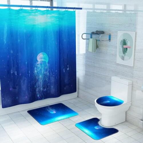 A See-through Jellyfish In The Deep Sea Printed Waterproof Shower Curtains Set Non-Slip Bath Mats Toilet Seat Cover Rug Carpets
