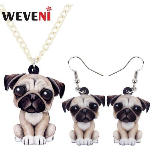 WEVENI Acrylic Cute French Bulldog Pug Dog Earrings Necklace Collar Anime Animal Jewelry Sets For Women Girls Party Gift Pets
