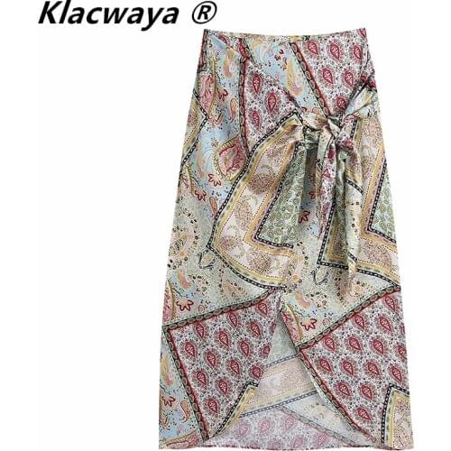 Klacwaya Women 2021 Fashion With Bow Tied Wrap Chic Printed Midi Skirt Vintage High Waist Asymmetric Female Skirts Mujer