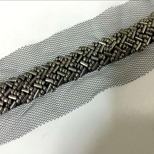 2Yards Black Grey Pearl Beaded Embroidered Rhinestones Applique Braided Mesh Lace Ribbon Trim Collar For Wedding Dress